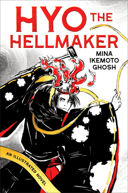 line drawing of a young woman wearing a kimono with flowers. She's wearing a red headress and has her arms lifted up. drawing is mostly black and white with red and yellow accents. Title is in all caps. 