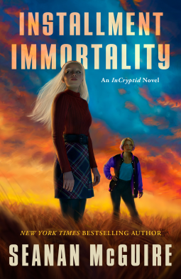 In foreground, a young woman with long white hair. In background a young woman with short blonde hair hand on hip. They are standing in a field with a dramatic red-orange sunset, with a few scraps of blue sky. Title is translucent white and in an all-caps font. 