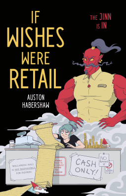 Black background. Large red genie who has busted out of his uniform t-shirt. He is looming over a bewildered cashier with blue hair,who is holding an unrolled scroll. Title is in an all caps yellow font. 