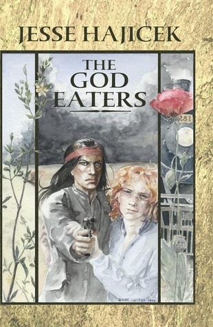 Brown cover with a stone texture. Cover art is three panels in cool colors. The center panel features a tall man with dark skin and black hair. He's dressed in a brown, in a short collared shirt. To his left, is a shorter, redhaired and light skinned man in a light blue or white short collared shirt. Both are holding a pistol toward the viewer. The panel on the right (with the redhead) features a poppy, a moon, and mountains. One the left (with the dark haired man) There are the branches of a tree, with a field and a forest in the background.
