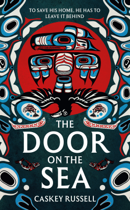 Stylized (Tlingit art) raven in blue, white, black and red. Below the totem-raven is a slightly more realistic raven posed in upside down mirroring  the totem-raven's pose. framing the ravens are two leaping salmons and rings of stylized eyes in white-blue-red-black. Behind the ravens is a stylized sun, and below them is an ocean. 