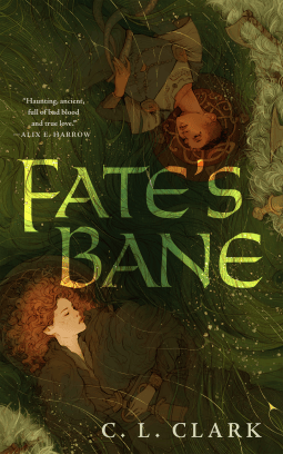 Two girls lying on the ground, their positions mirroring each other. Both girls have reddish brown hair. Title is a light green, translucent fantasy font in all-caps. Over all tones are green-brown-orange-red. 