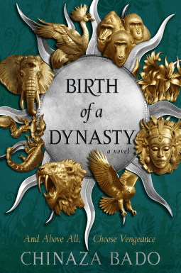Cover art: Gold heraldic symbols for the setting surrounding/framed by a silver-gray sunburst with wavy rays. The heraldic symbols are: a grey crowned crane, the heads of three baboons, a cluster of lilies, a human face, a headless eagle, saber toothed cat, scorpion, and elephant. Background is teal-blue with a darker teal pattern of leaves.  