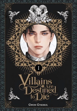 Black background. A potrait of an excessively pretty man with blue eyes and black hair framed by two squares set catty corner to each other. At the top is the skull and horns of a ram. There are four corner decals, and between the frame and the decals is the title and a circle with the number "one." 