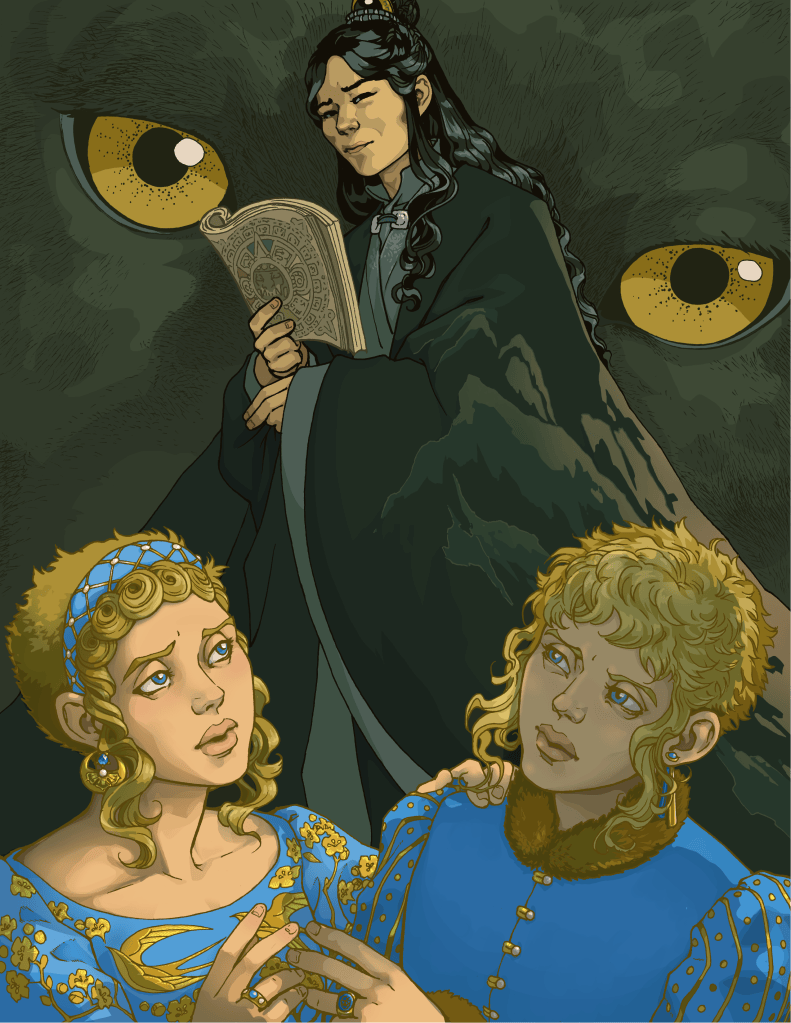 Background are two huged golden eyes, and a dappling that suggests a jaguar or a leopard. Three figures are standing in front of the eyes. The first is a man with a dark complexion and black, wavy hair. He is wearing cross folded  robes and a black cloak with the images of mountains on them. In the foreground are a young man and a young woman who seem extremely wary of the figure in black, while the third figure looks back with a friendly baffled-professor manner cut with and equal amount of uncertainty.