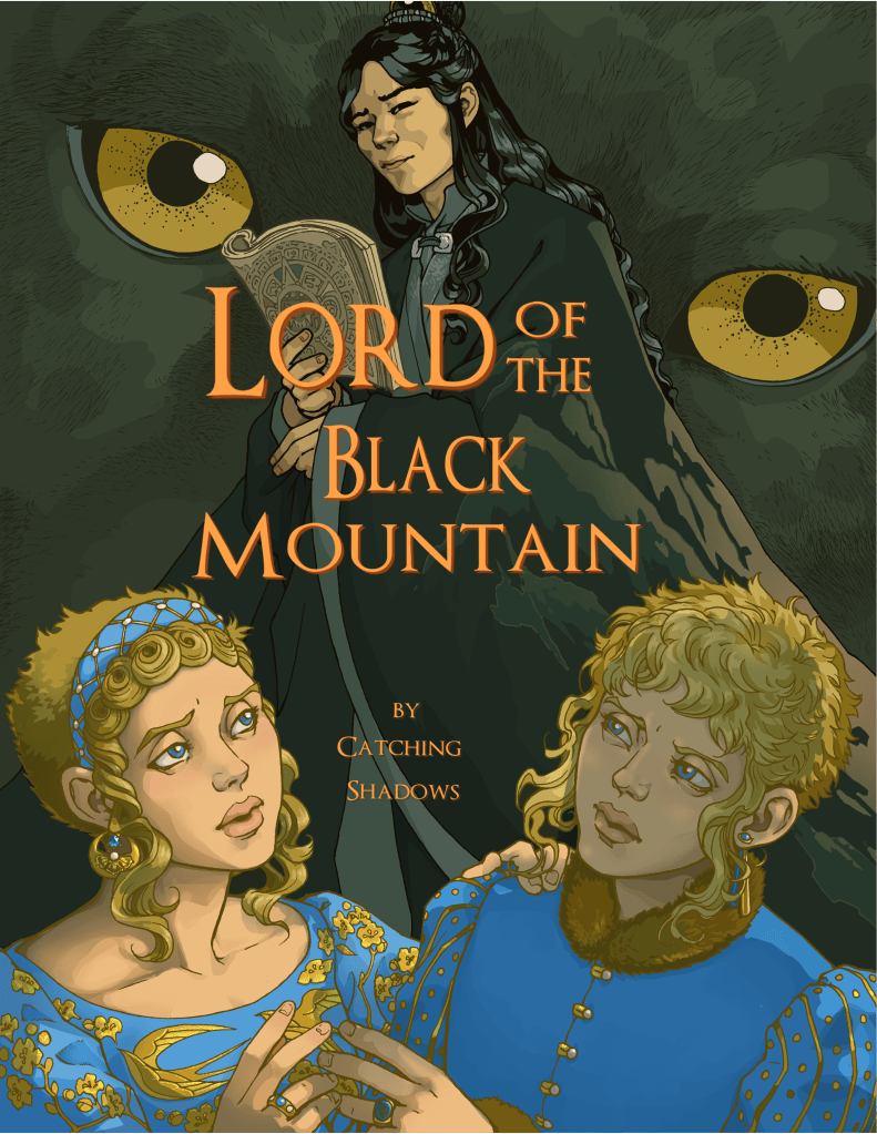 The came cover art, with a title: Lord of the Black Mountains. The lettering of the title and the author byline are orange. The font is Optimus Princeps by  Manfred Klein. 