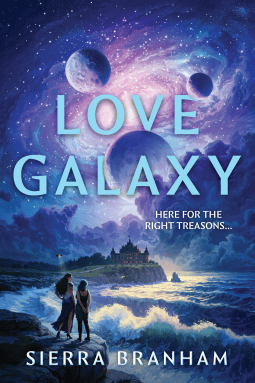 Cover of Love Galaxy: two figures on the beach with the wave washing over the shore. In the sky is a galaxy and several large moons. 