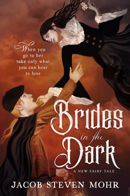rust-brown background. In the lower left a man with blond hair in a tail is reaching up toward a dark haired woman reaching toward the man. Title is to the right, in a fantasy script font. 