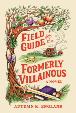 Fruit tree with a braided trunk in the foreground, in addition to amanita mushrooms, a sword, and a book. Background is a farm house with a dog running toward it. Title is in red, and is incorporated into the cover art.