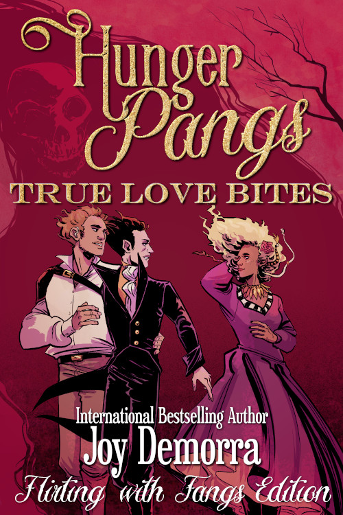 Cover for the "flirting with fangs" edition of Hunger Pangs: True Love Bites. Features two gentlemen in a clinch while gazing with a certain amount of longing at a blonde woman with pointed ears, wearing a purple dress. The lady in questions seems to return their expressions of admiration. Title is in a fancy font. 